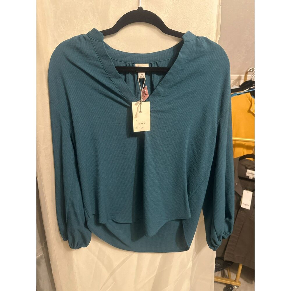 Teal Textured V-Neck Long Sleeve Blouse – A New Day, XS